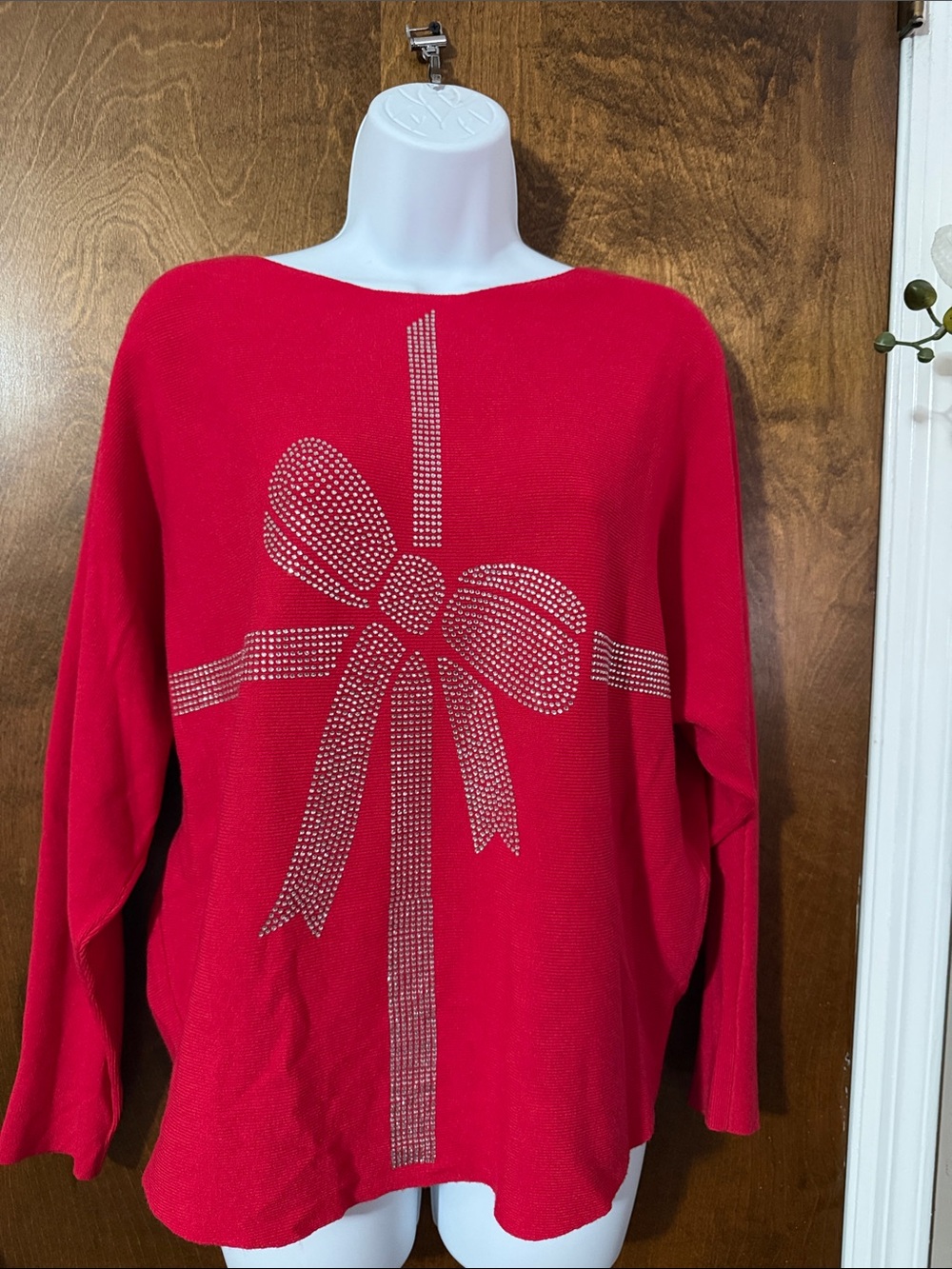 Women's Red Rhinestone Bow Pullover Sweater Top